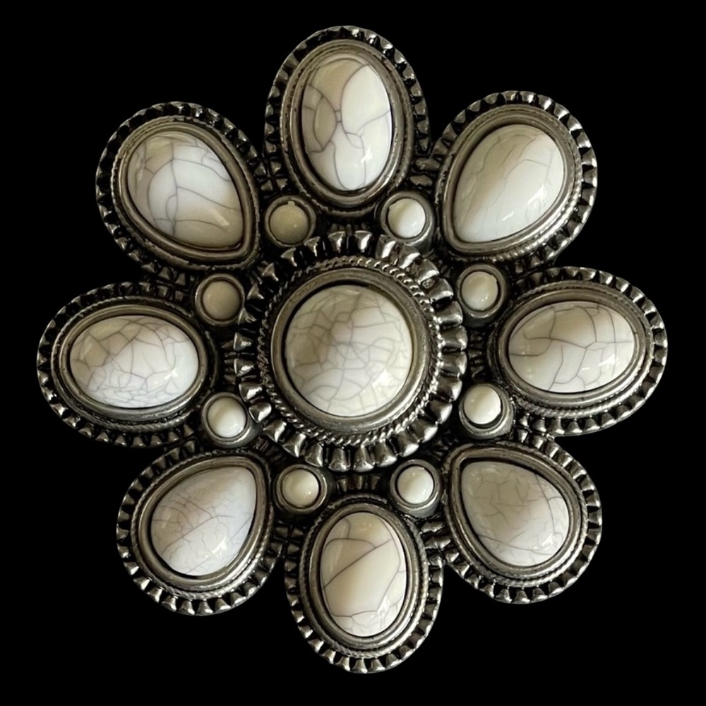 Premier Designs Retired Flower Brooch Boho Style White and Silver New Old Stock